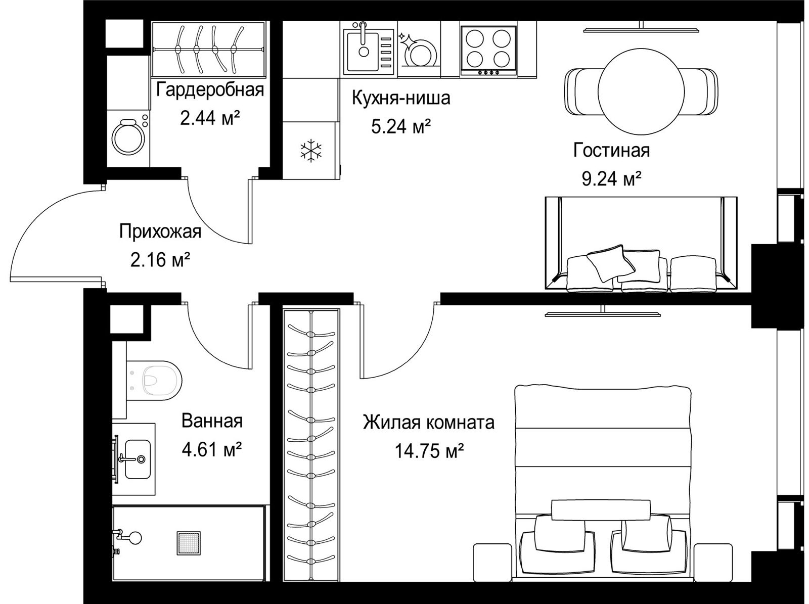 1-комнатная квартира, 38,4 м²
