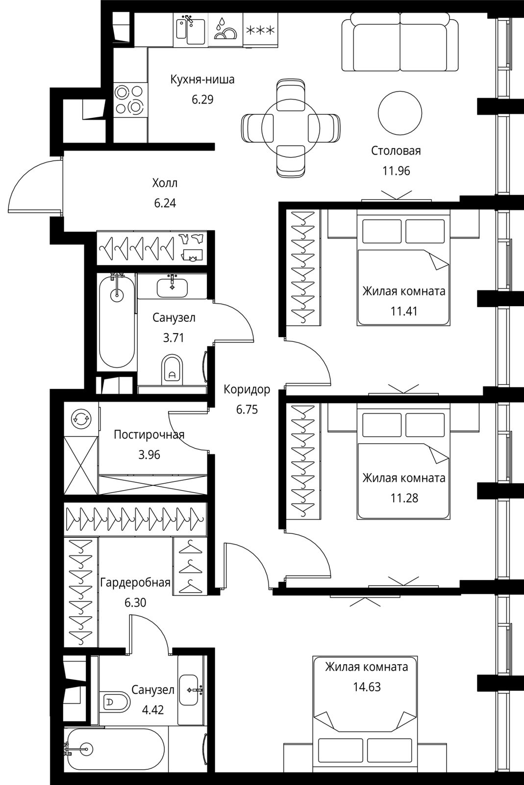 3-комнатная квартира, 87 м²