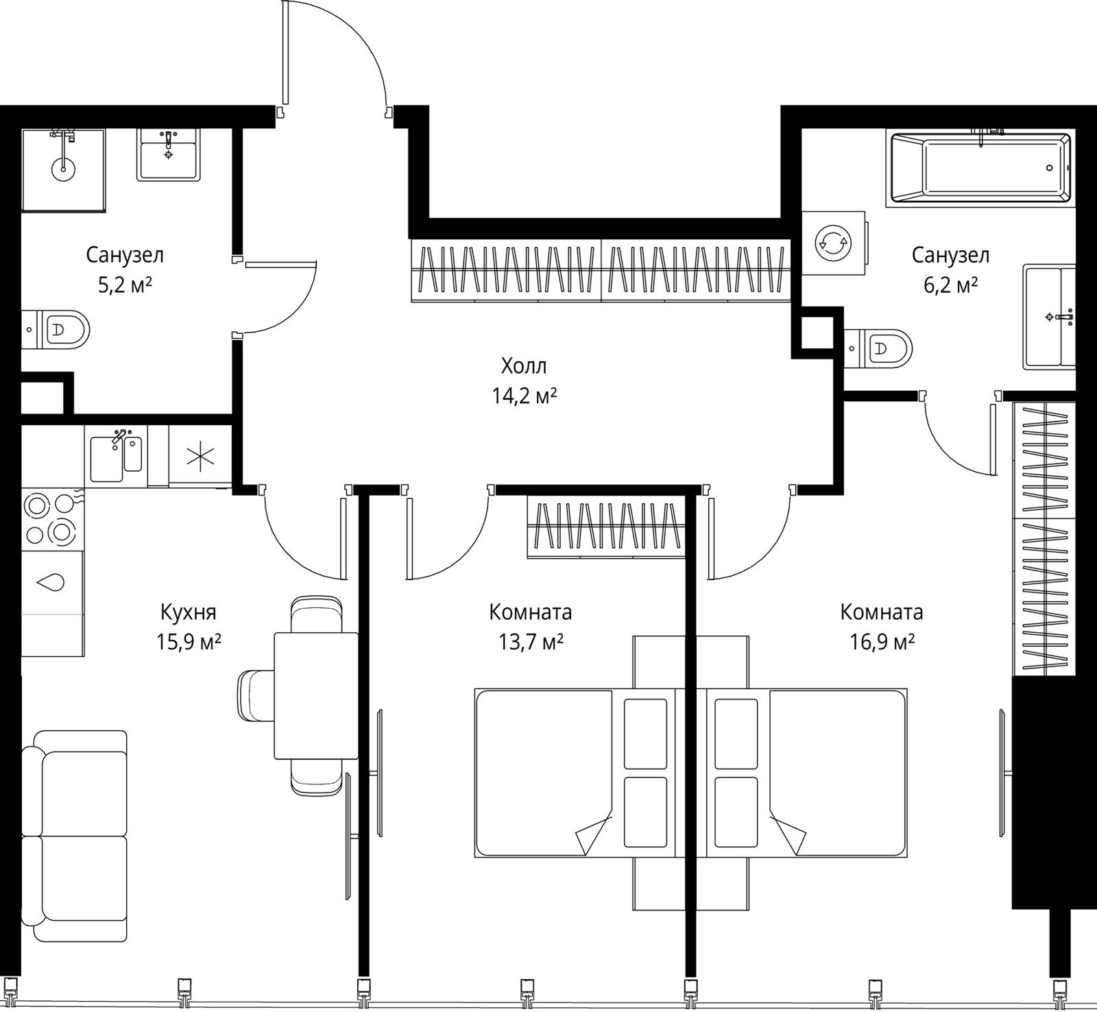 2-комнатная квартира, 72,1 м²