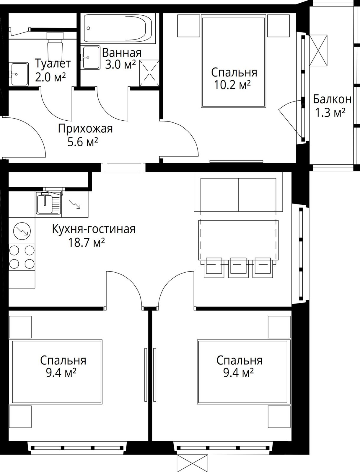 3-комнатная квартира, 59,6 м²