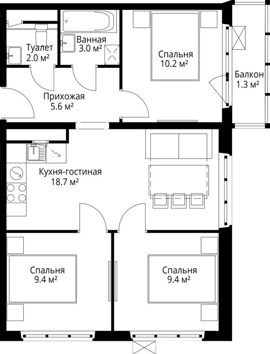 3-комнатная квартира, 59,6 м² — фото 1