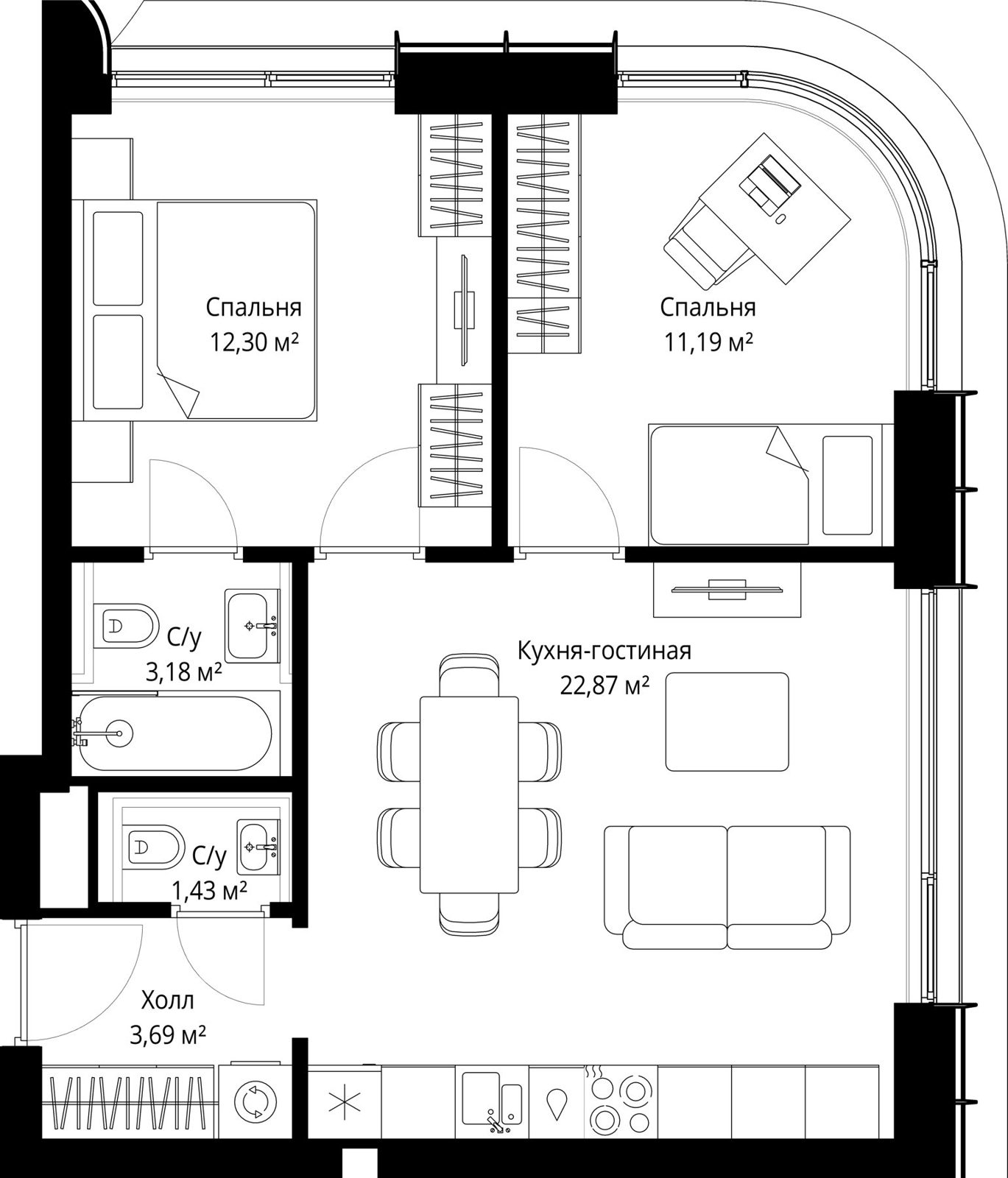 2-комнатная квартира, 54,3 м²