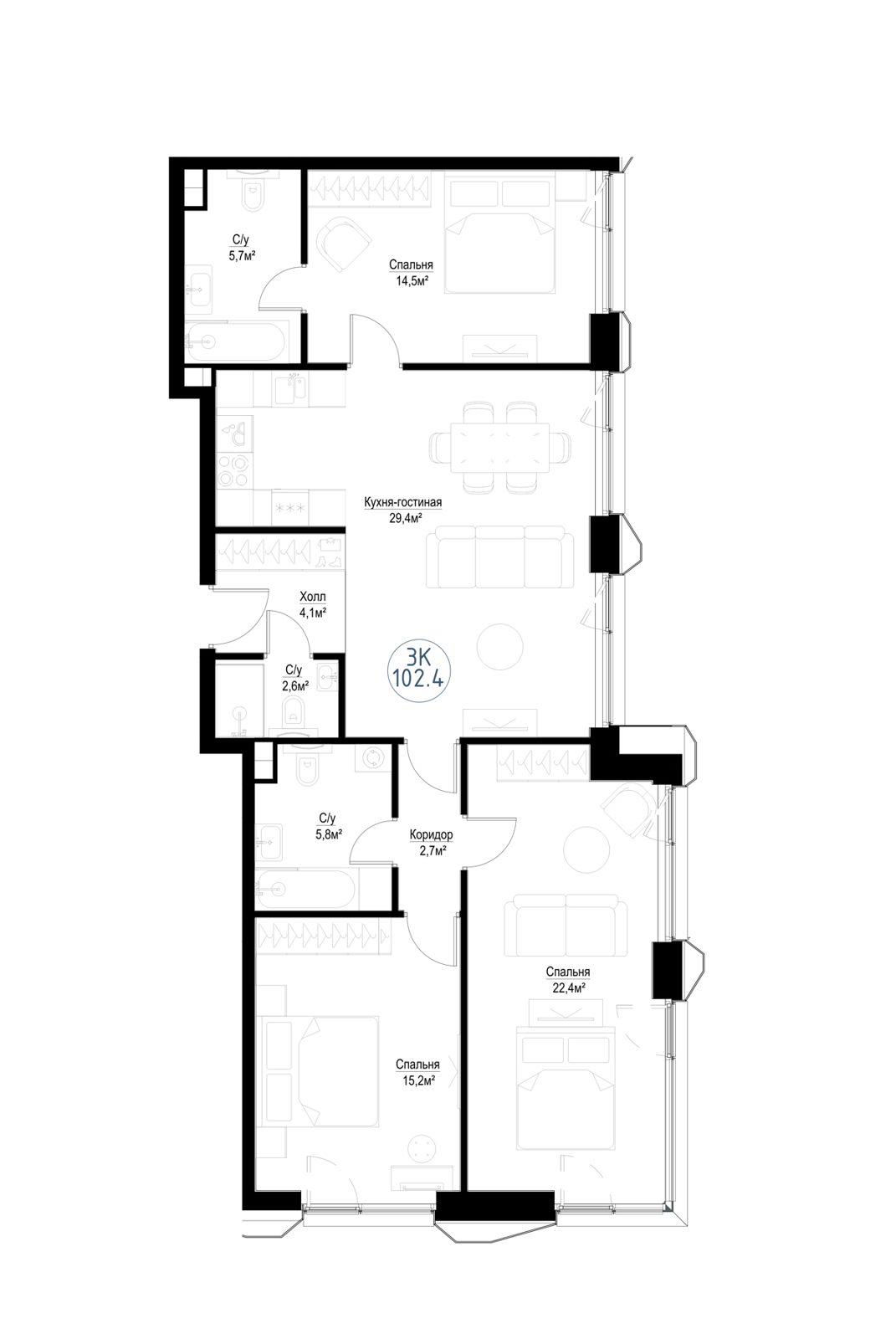 4-комнатная квартира, 101,2 м²