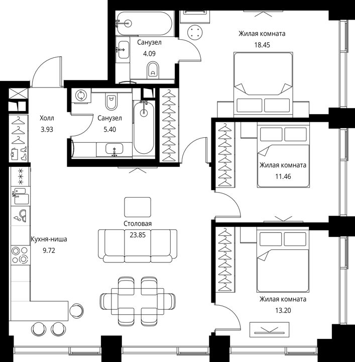 3-комнатная квартира, 90,1 м² — фото 1