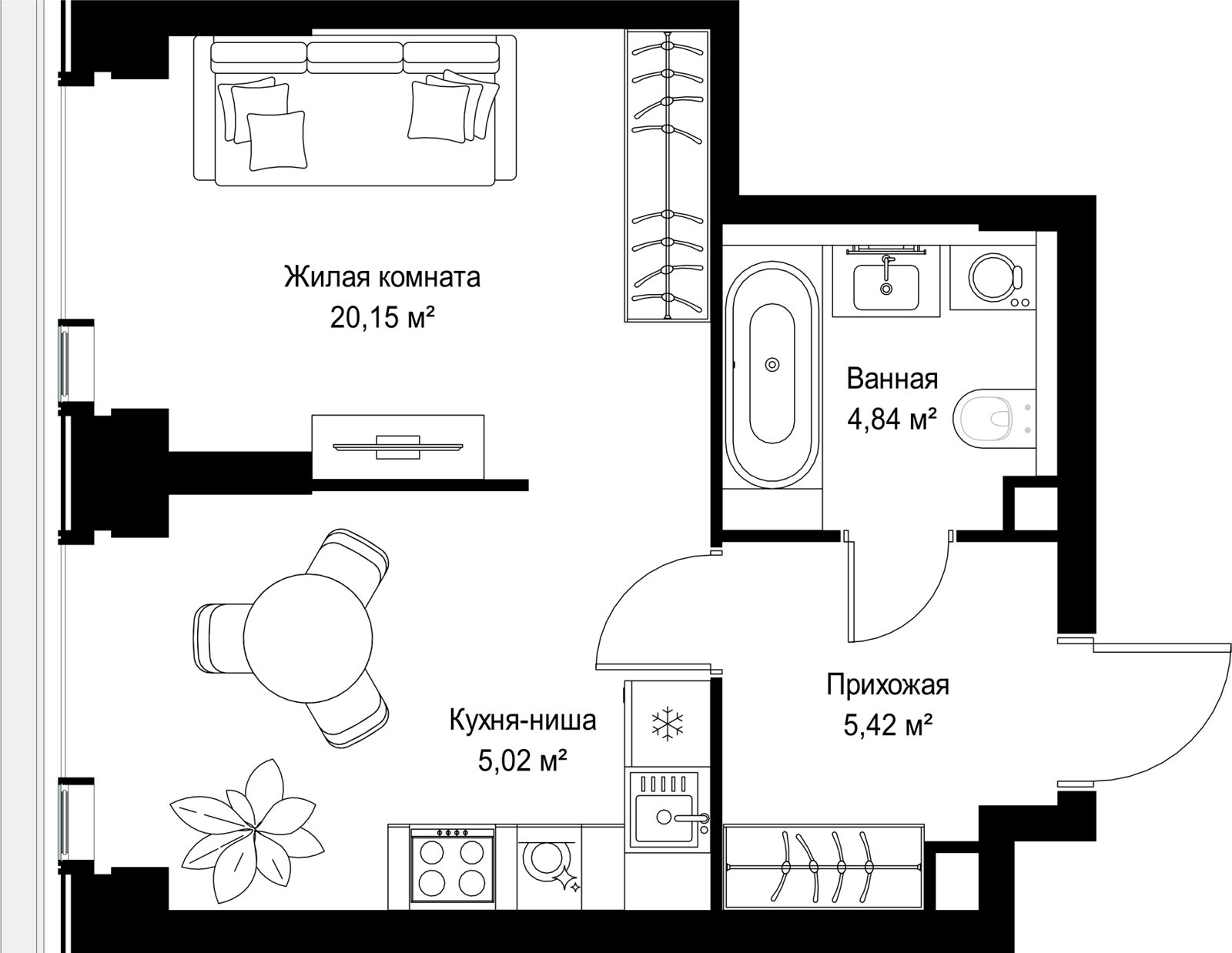 1-комнатная квартира, 35,4 м²