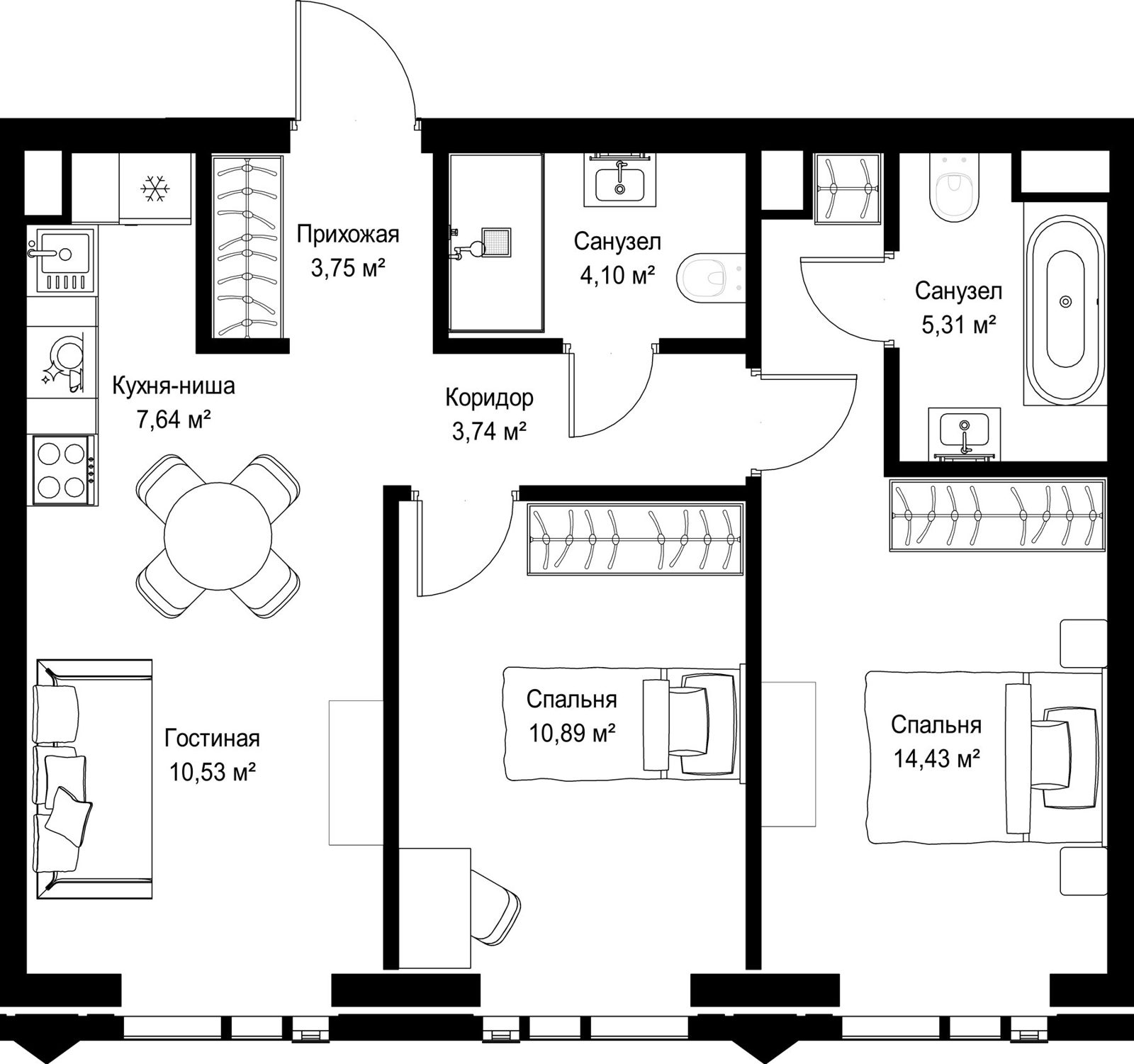 2-комнатная квартира, 60,4 м²