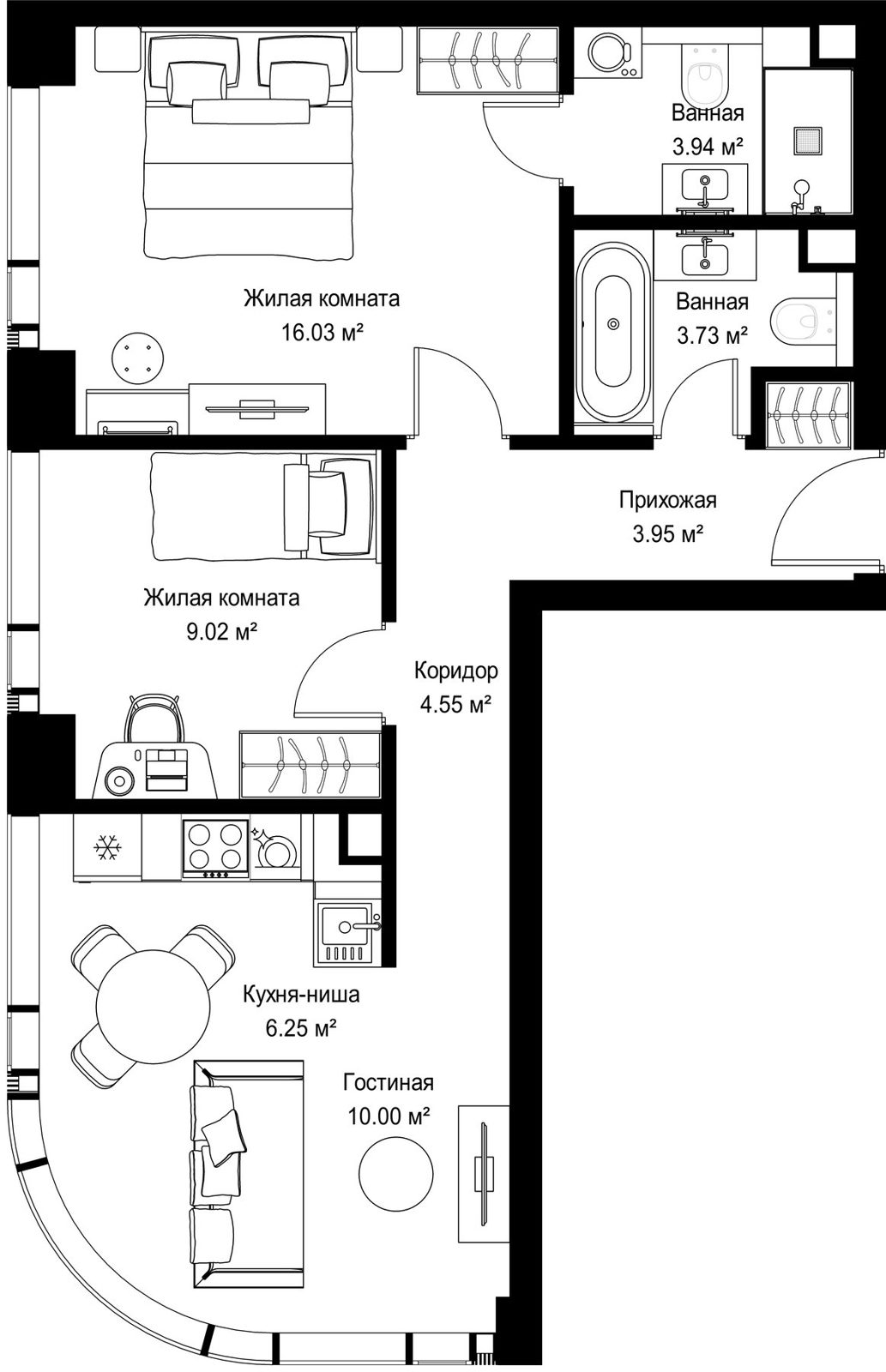 2-комнатная квартира, 57,5 м²