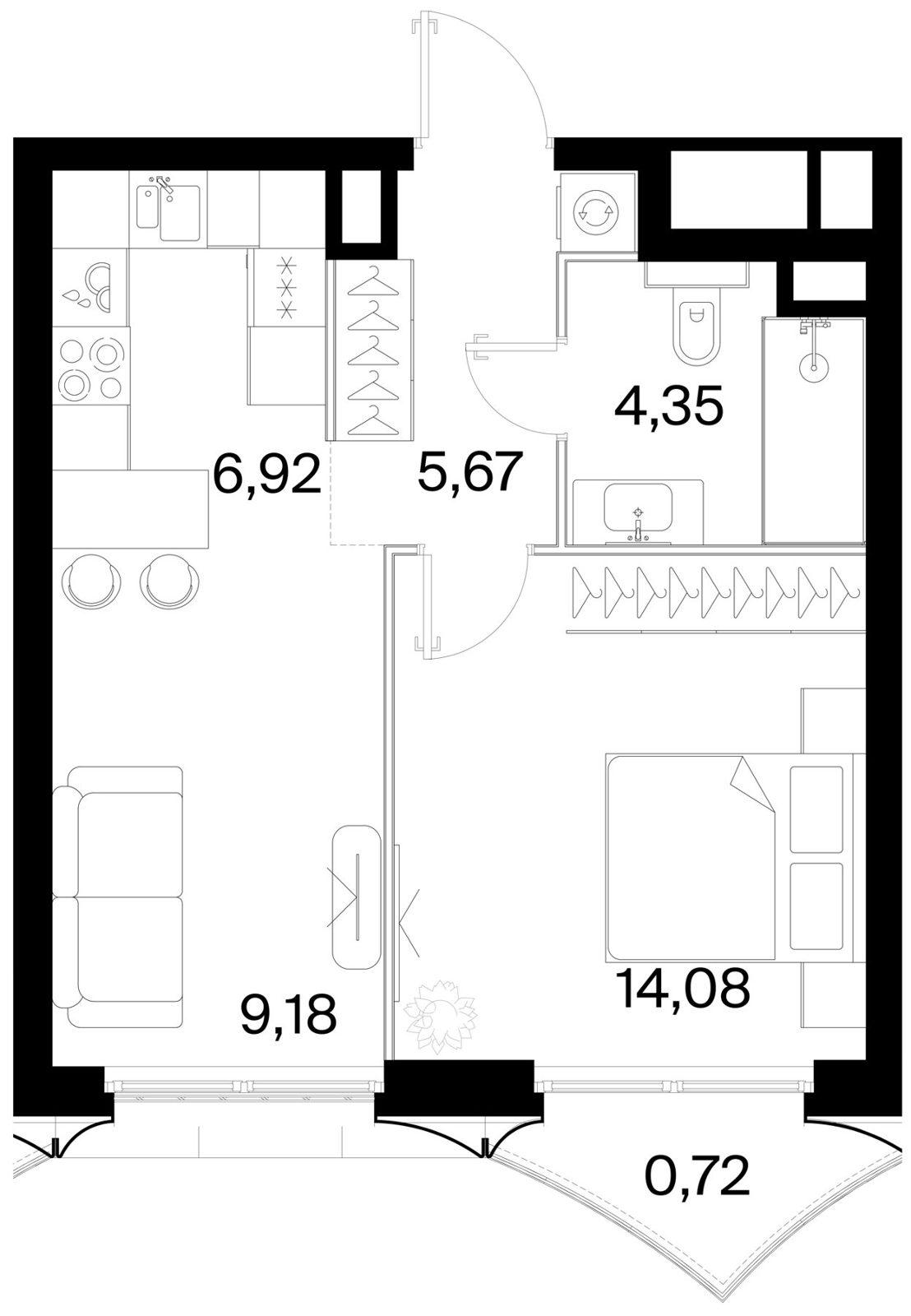 1-комнатная квартира, 40,8 м²