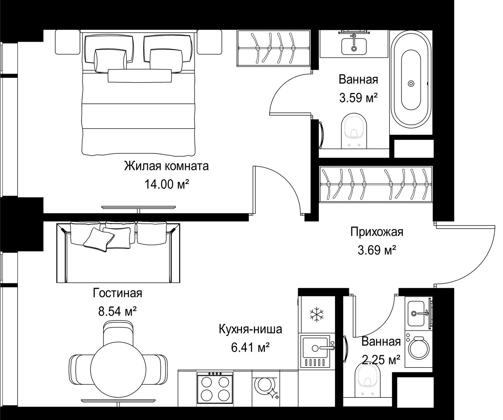 1-комнатная квартира, 38,5 м²