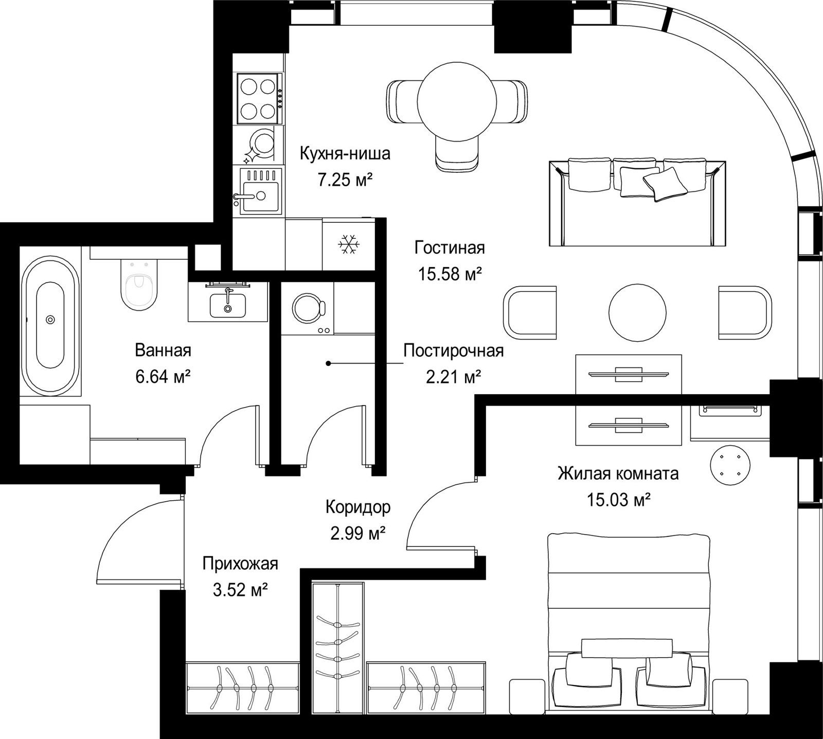 1-комнатная квартира, 53,2 м²