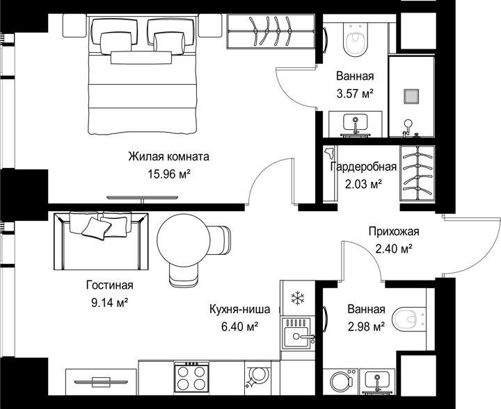 1-комнатная квартира, 42,5 м²