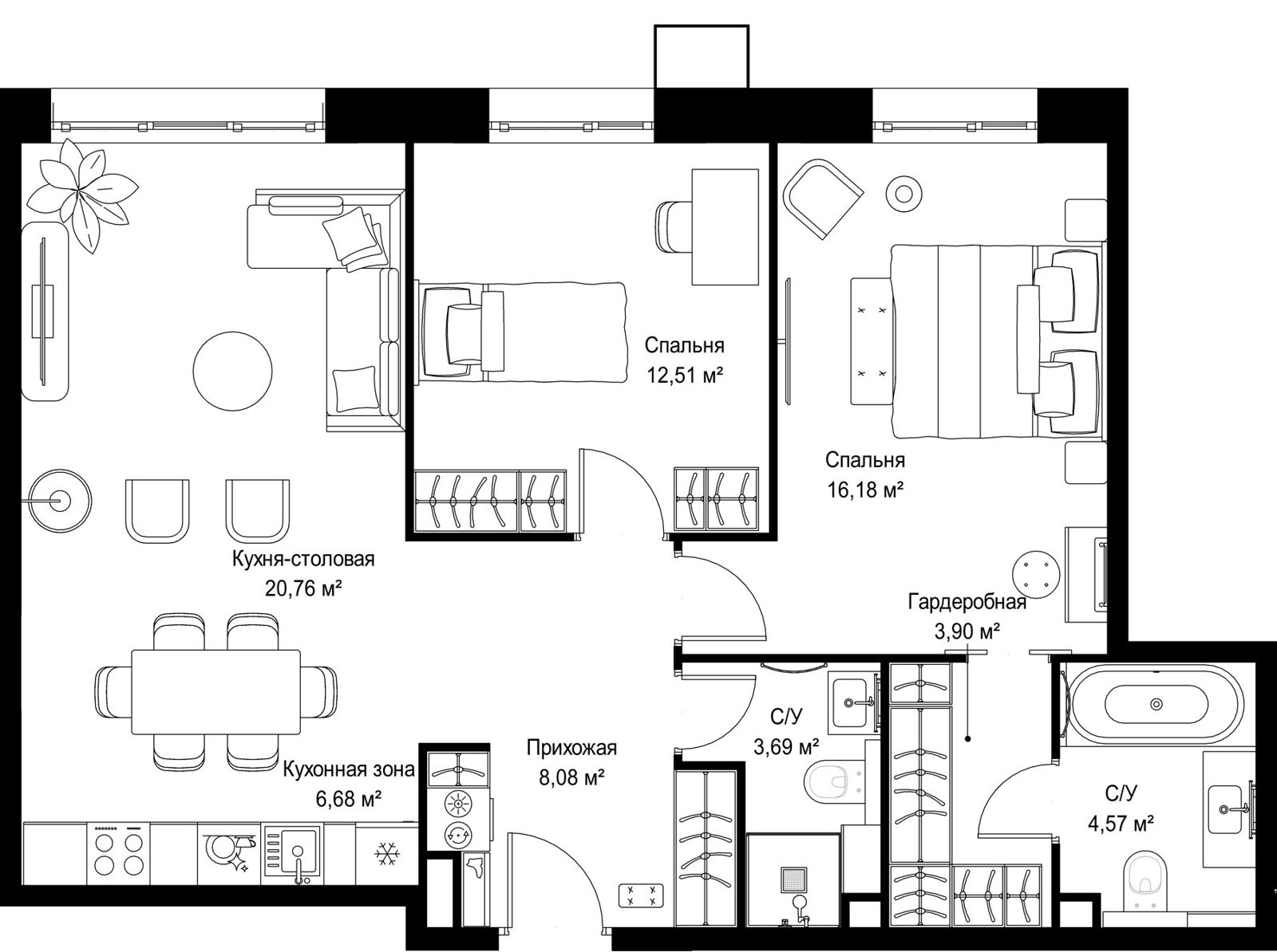 2-комнатная квартира, 76,4 м²
