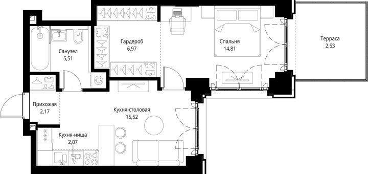 1-комнатная квартира, 49,6 м² — фото 1