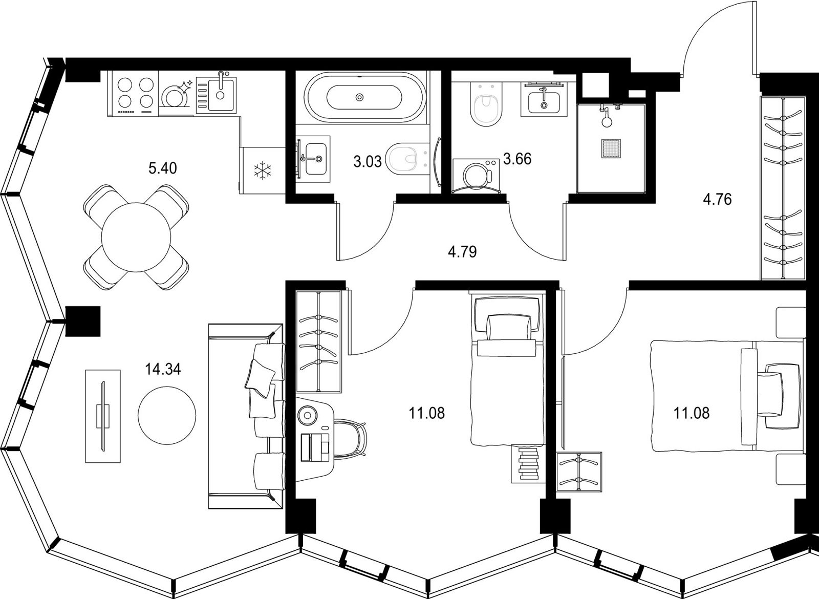 2-комнатная квартира, 58,1 м²