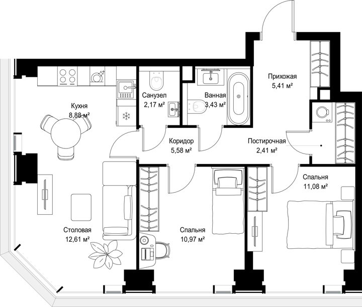 2-комнатная квартира, 62,5 м² — фото 2