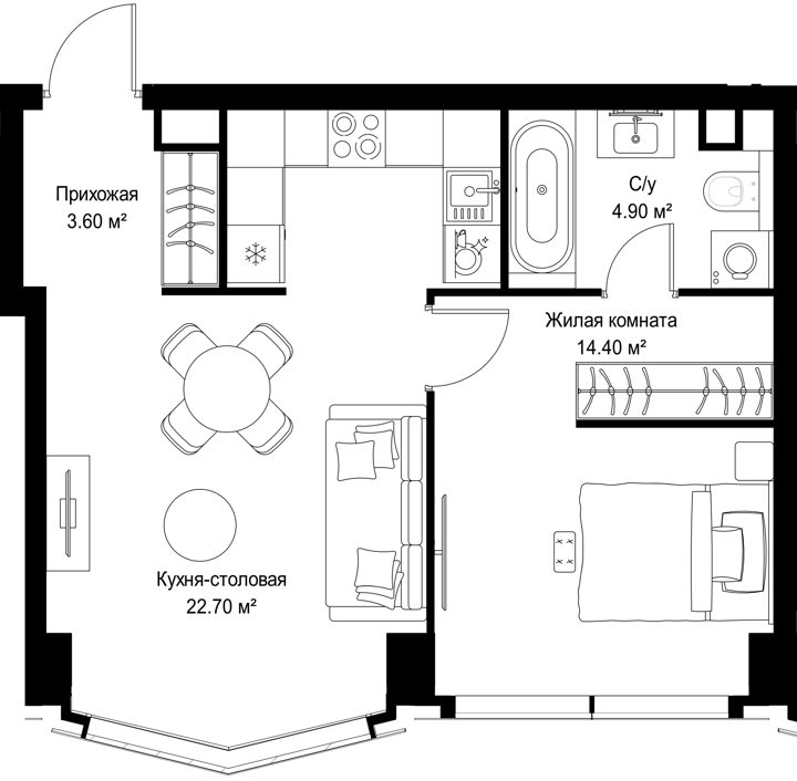 1-комнатная квартира, 45,6 м²