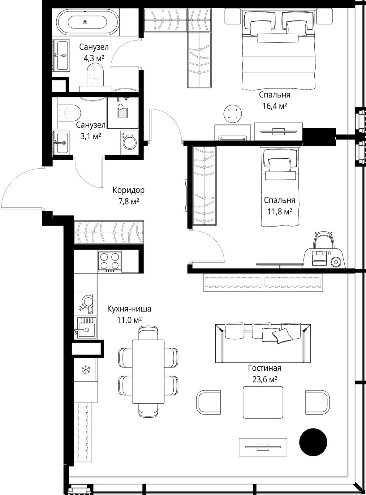 2-комнатная квартира, 78 м²