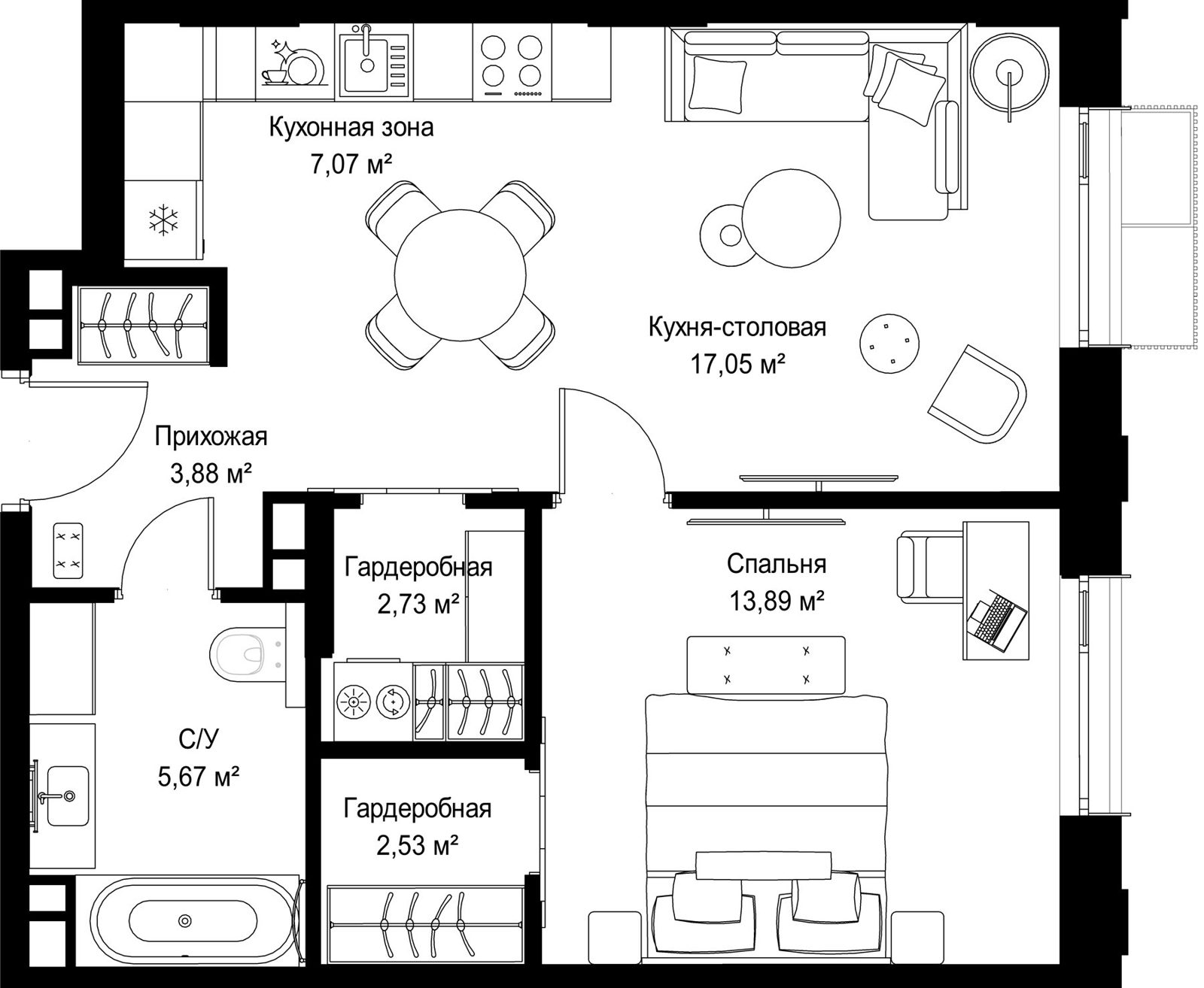 1-комнатная квартира, 52,8 м²
