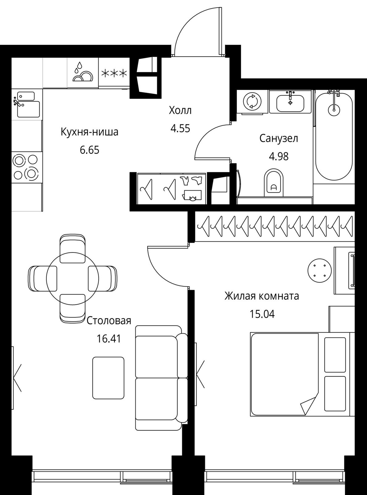 1-комнатная квартира, 47,6 м²