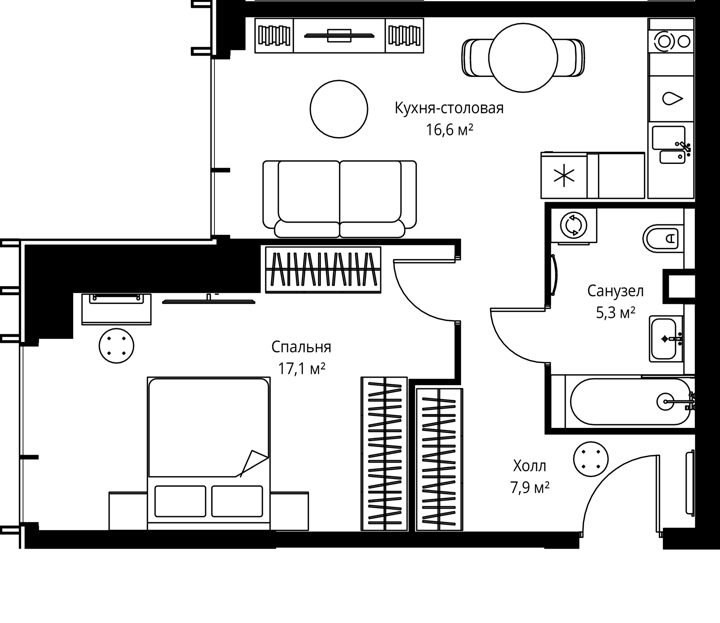1-комнатная квартира, 46,9 м²