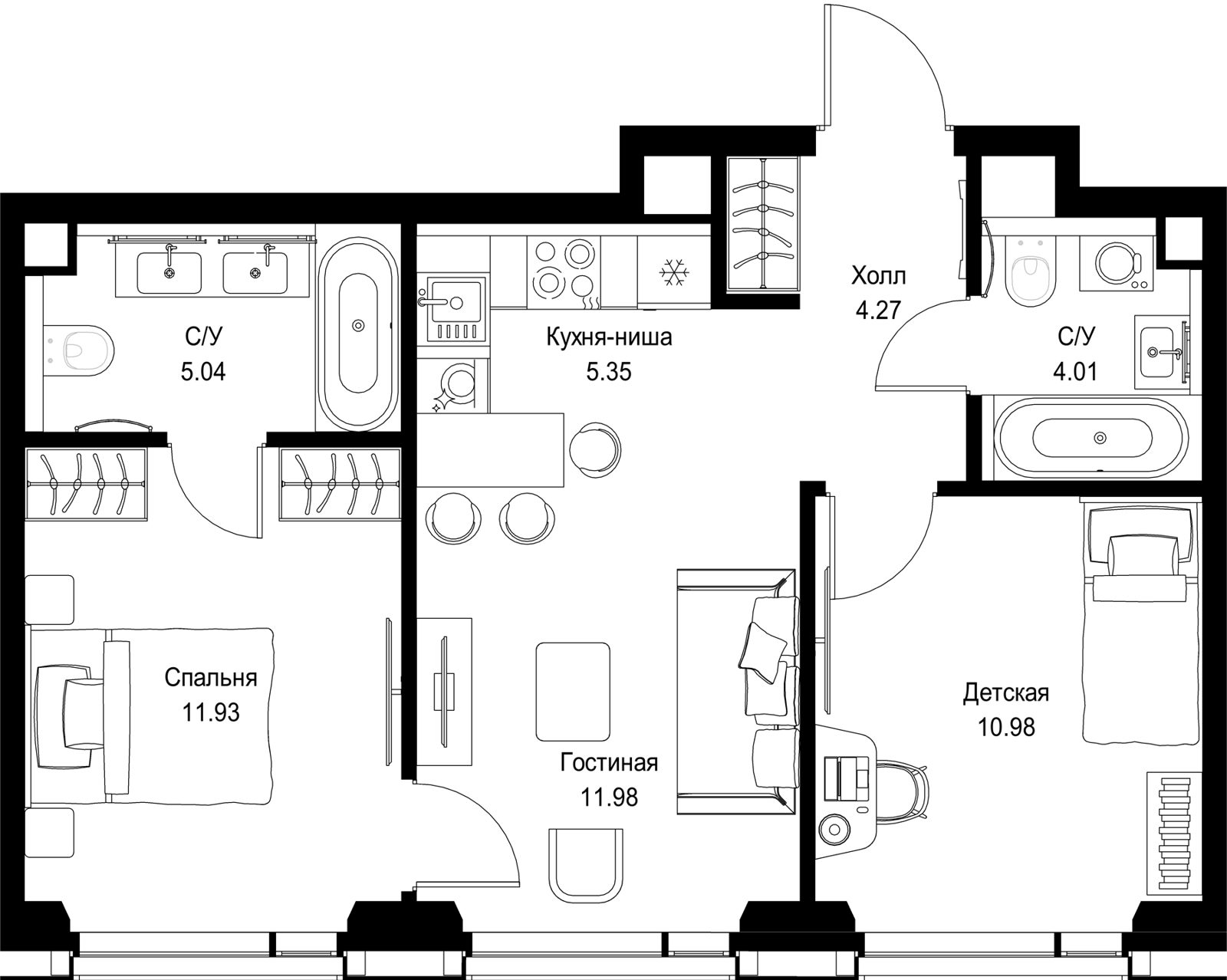 2-комнатная квартира, 53,6 м²