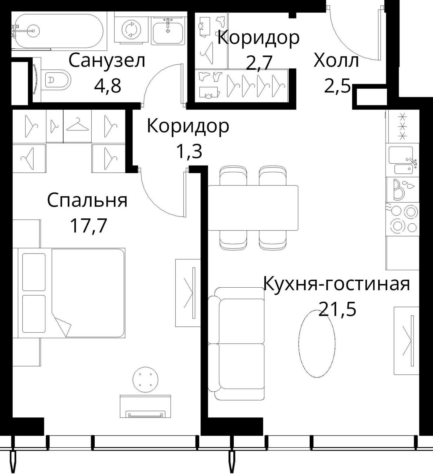 1-комнатная квартира, 50,5 м²