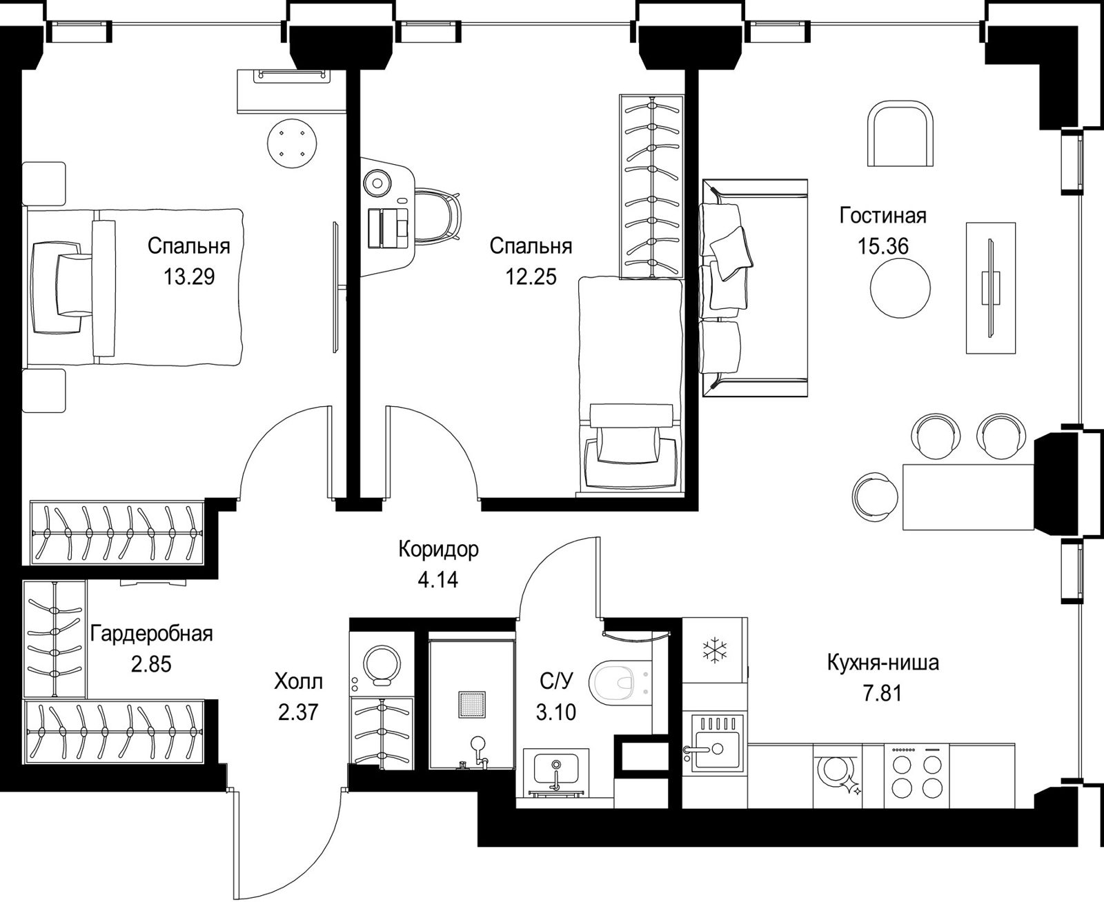2-комнатная квартира, 61,2 м²