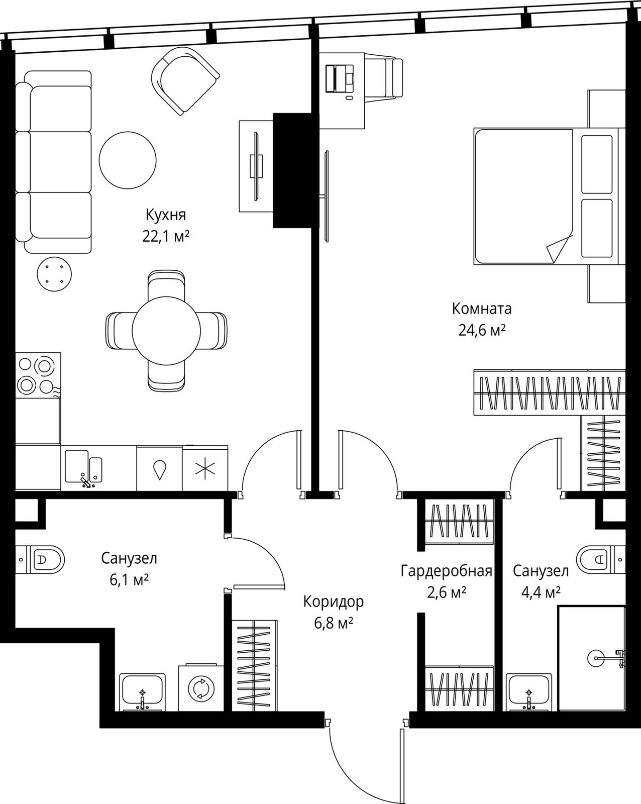 1-комнатная квартира, 66,6 м²