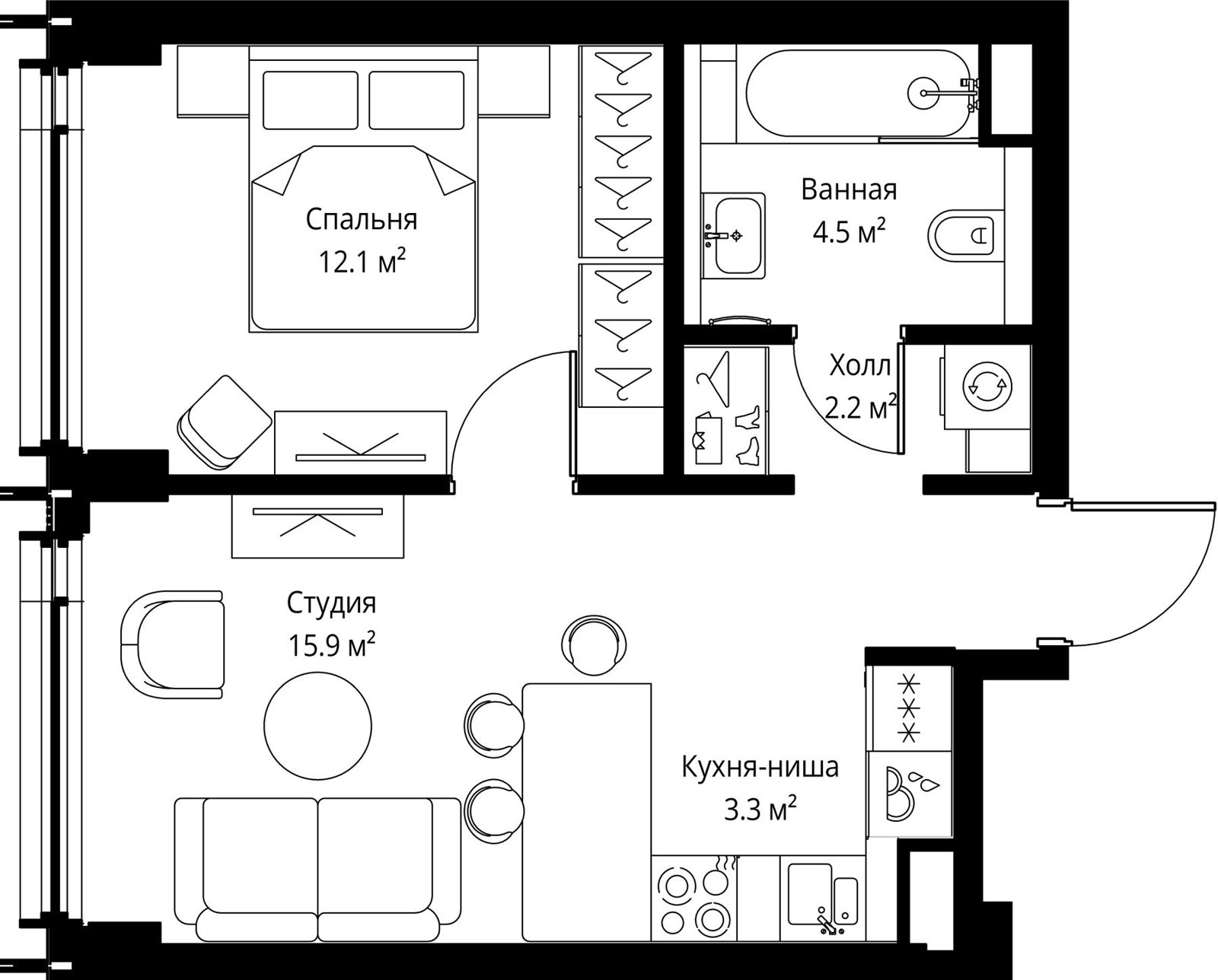 1-комнатная квартира, 38 м²