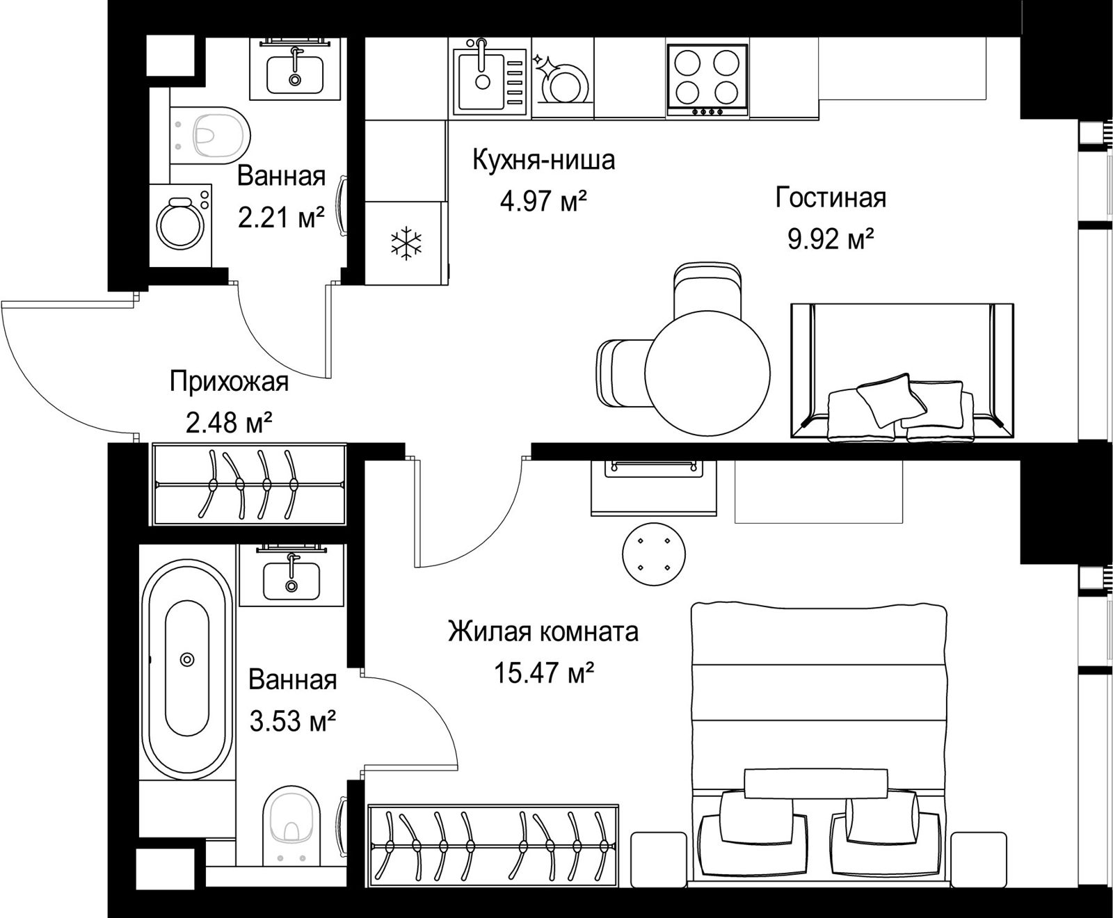 1-комнатная квартира, 38,6 м²