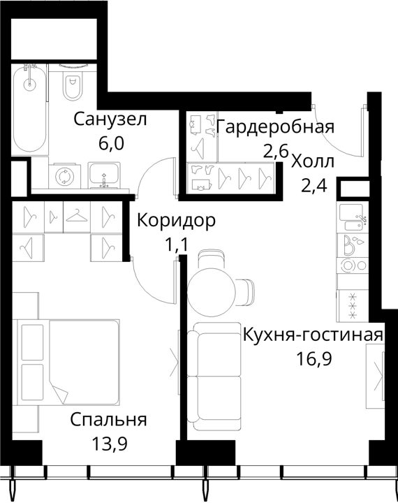 1-комнатная квартира, 42,9 м² — фото 1