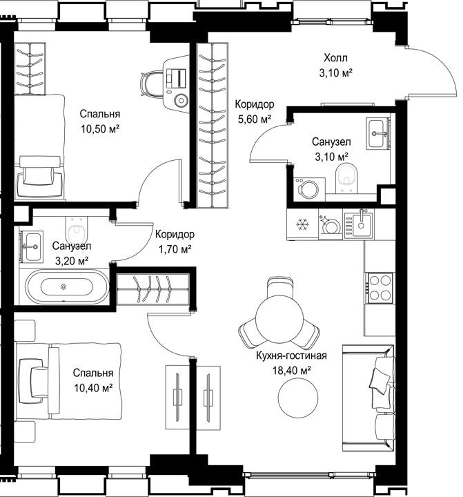 2-комнатная квартира, 56 м² — фото 1