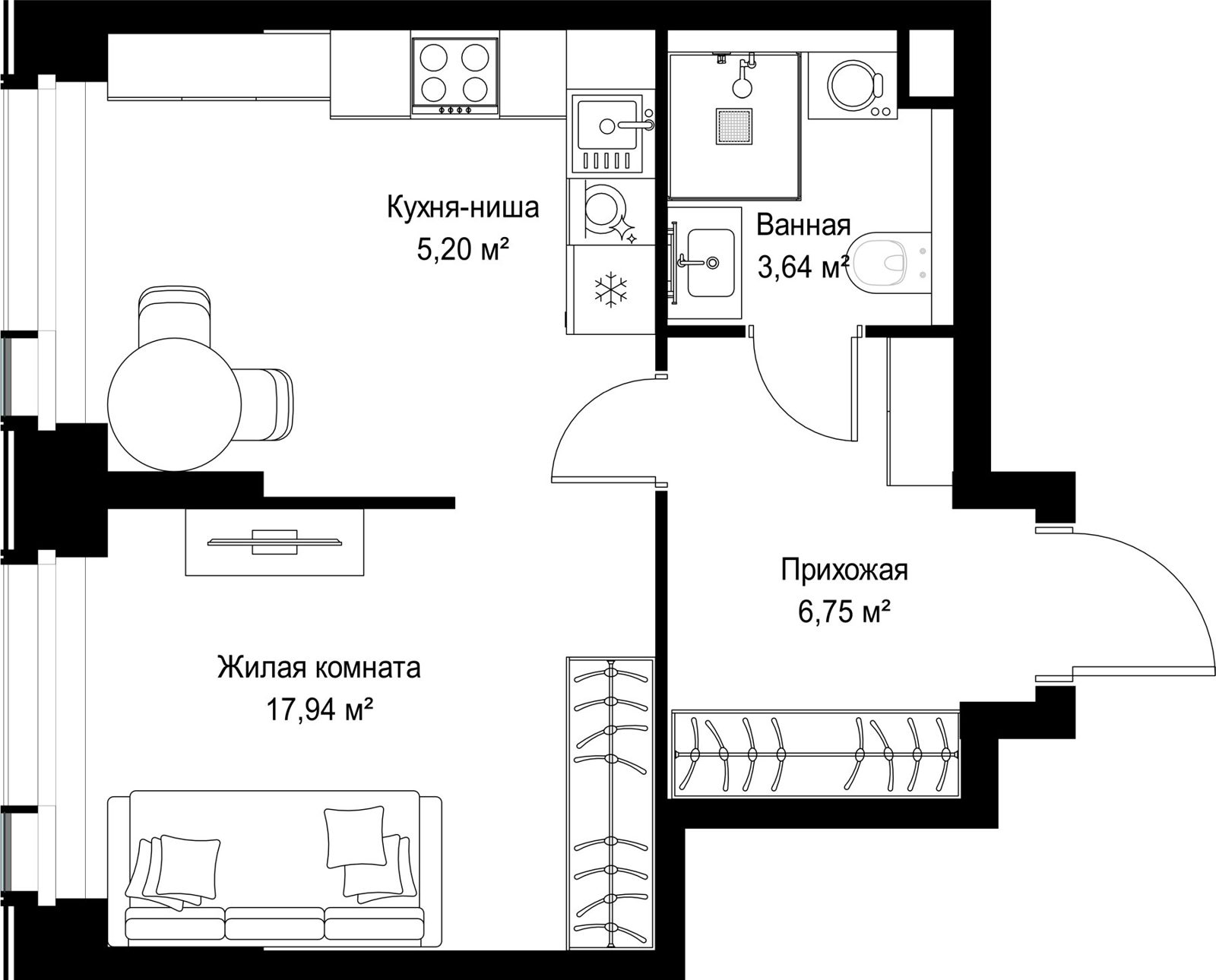 1-комнатная квартира, 33,5 м²