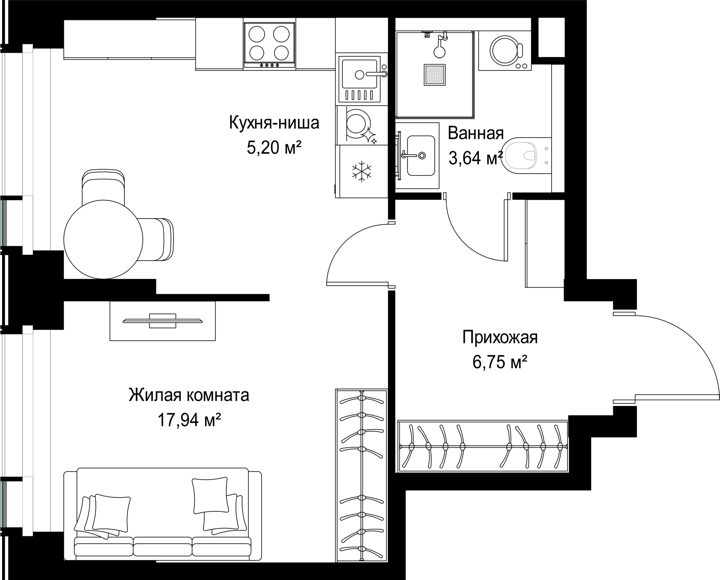 1-комнатная квартира, 33,5 м² — фото 1