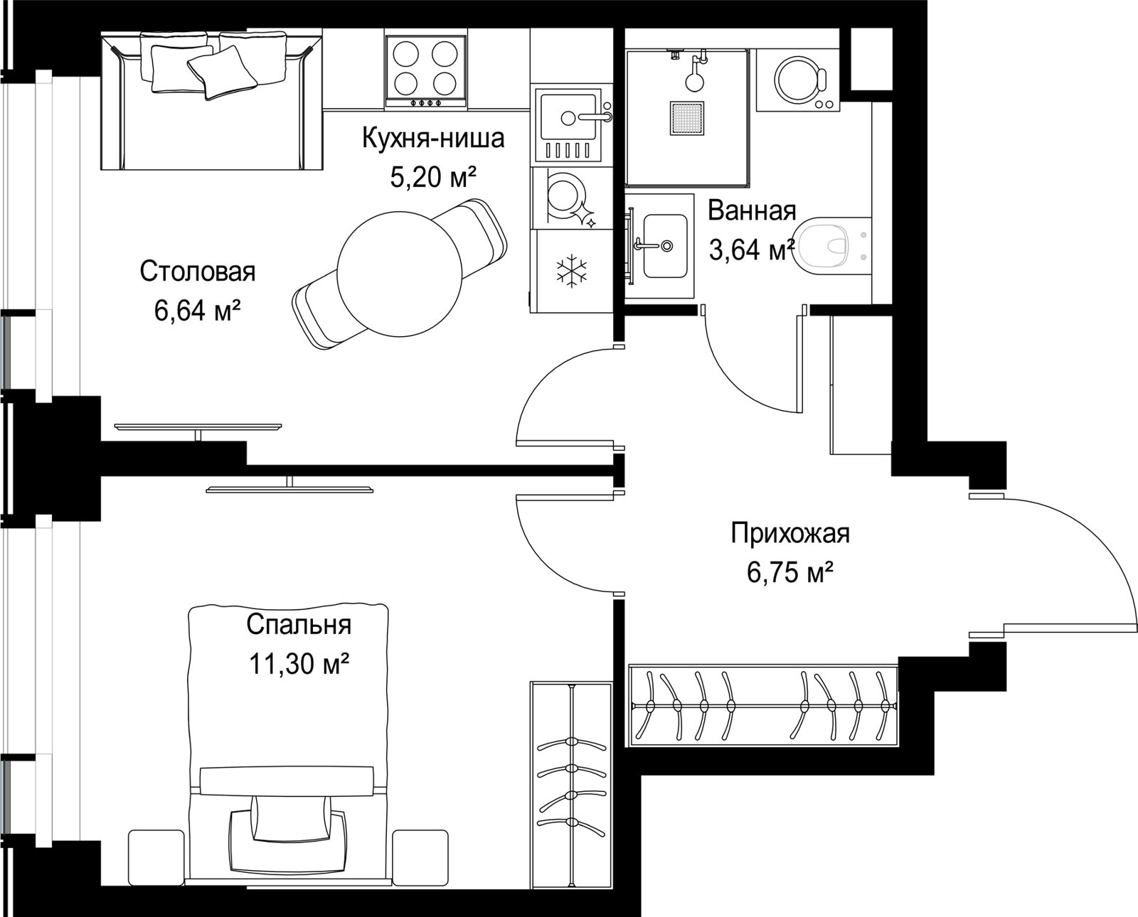 1-комнатная квартира, 33,5 м² — фото 2