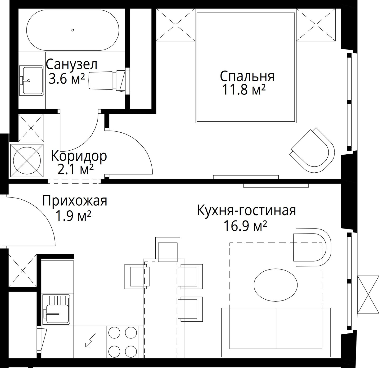 1-комнатная квартира, 36,3 м²