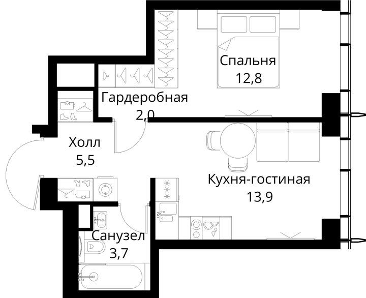 1-комнатная квартира, 37,9 м² — фото 1