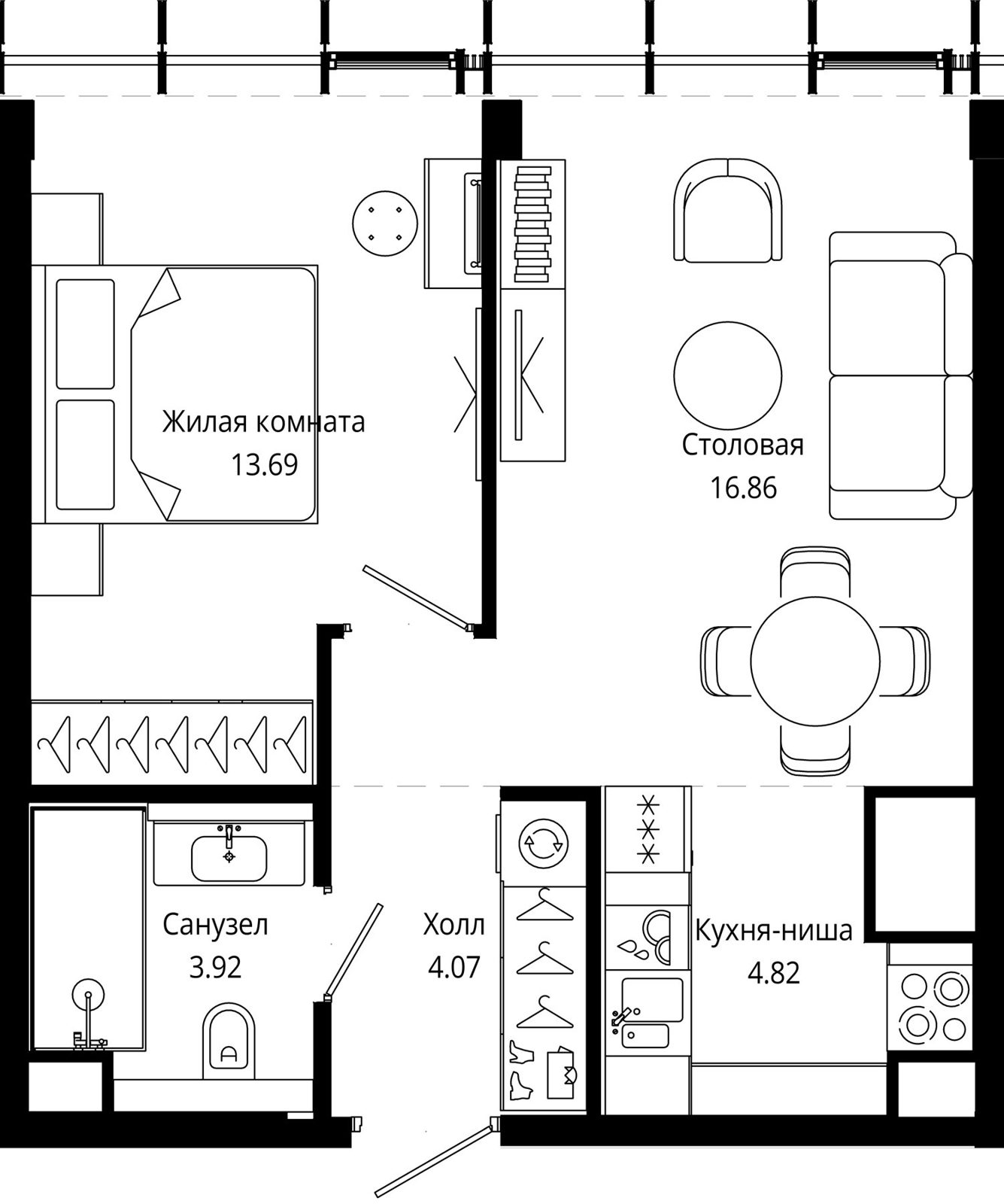 1-комнатная квартира, 43,6 м²