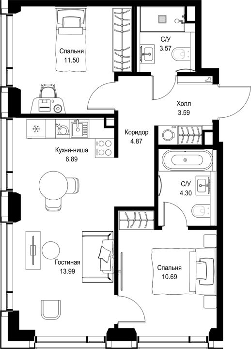2-комнатная квартира, 59,4 м² — фото 1