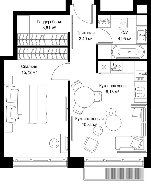 1-комнатная квартира, 44,6 м² — фото 1