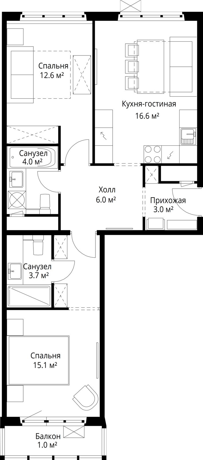 2-комнатная квартира, 62 м²