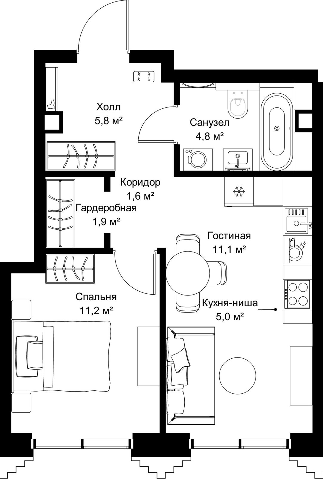 1-комнатная квартира, 41,4 м²