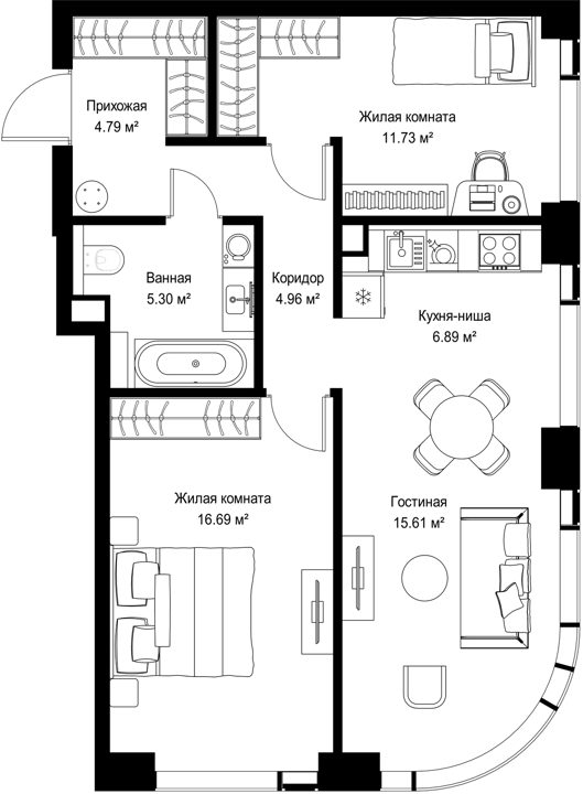 2-комнатная квартира, 66 м²