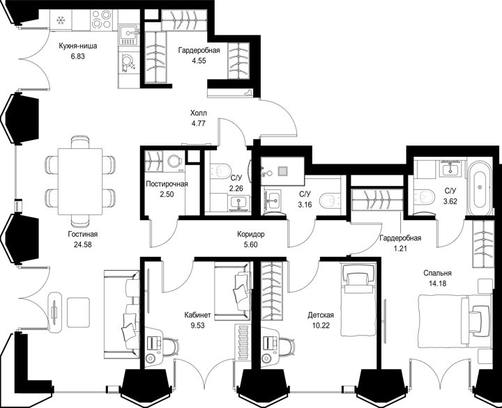 3-комнатная квартира, 93 м²