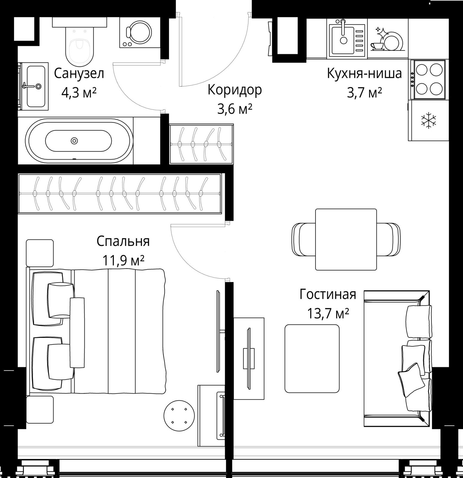 1-комнатная квартира, 37,2 м²