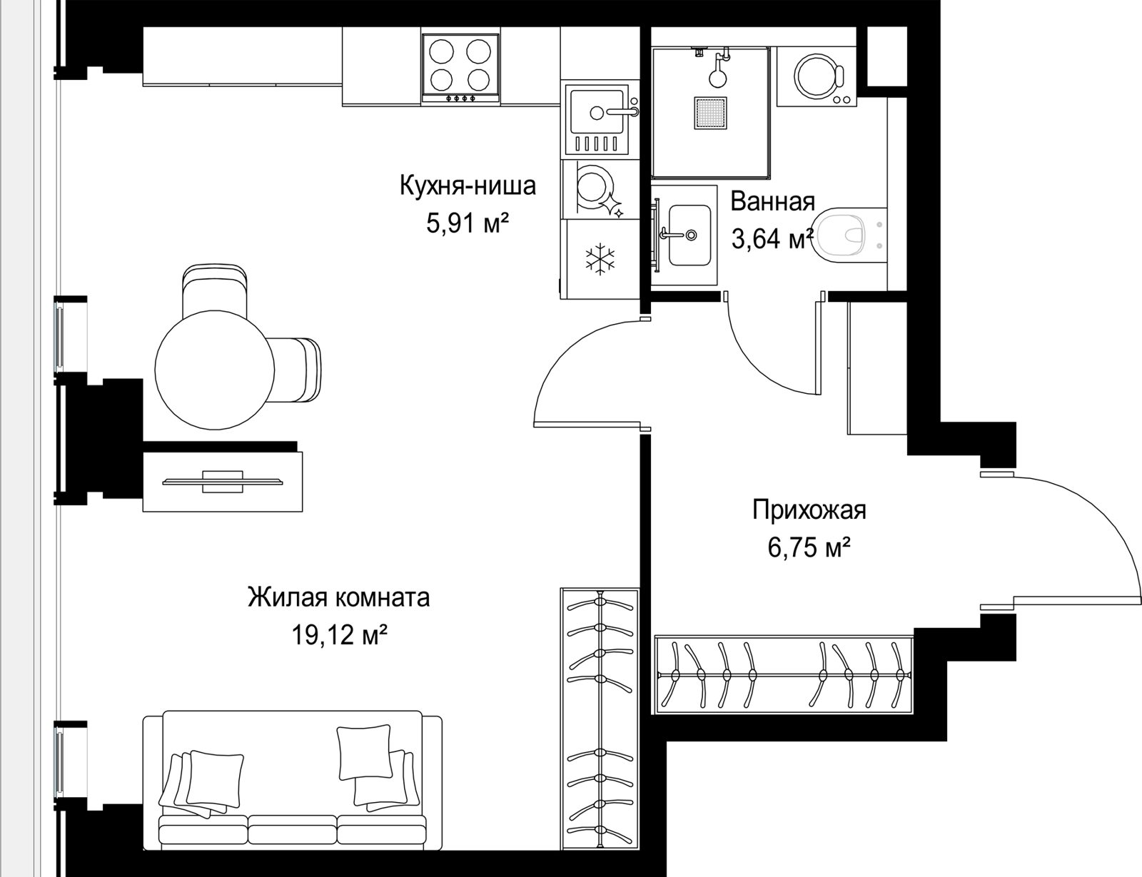 1-комнатная квартира, 35,4 м²