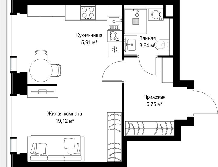 1-комнатная квартира, 35,4 м² — фото 1