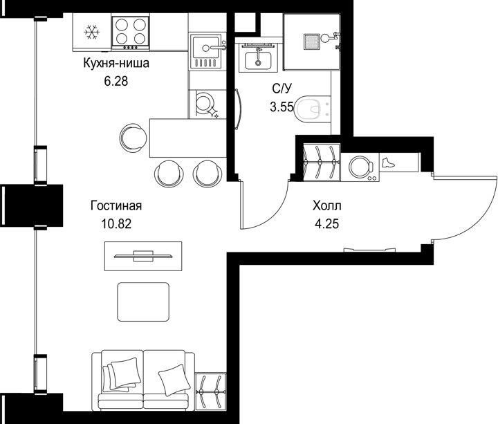 Квартира-студия, 24,9 м²