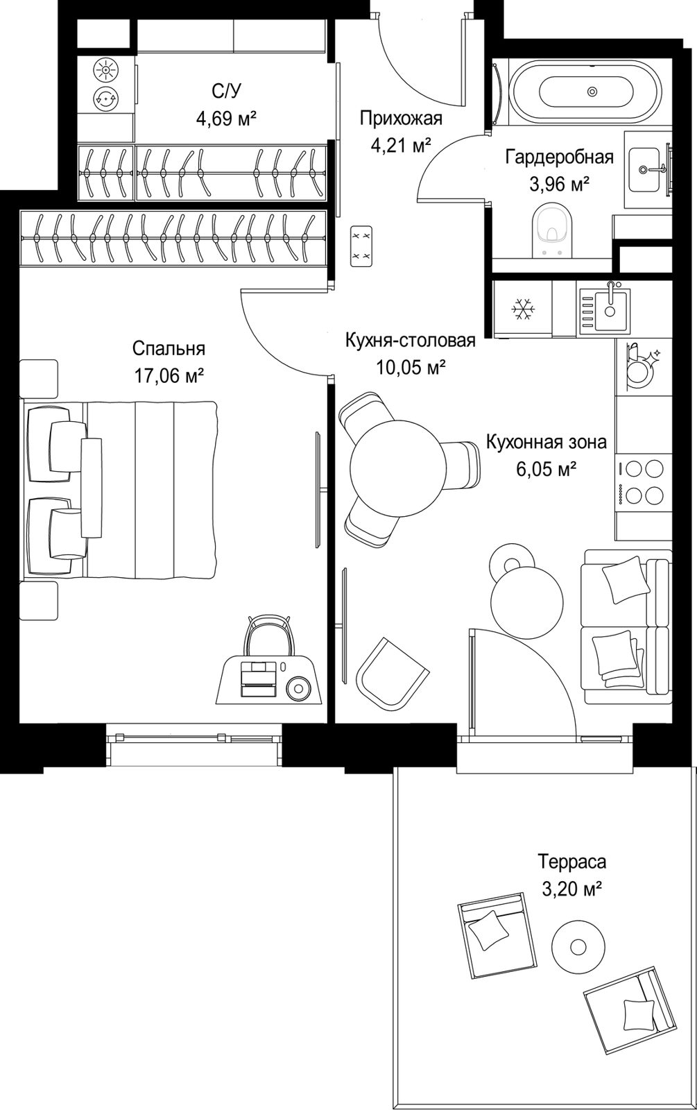 1-комнатная квартира, 49,2 м²