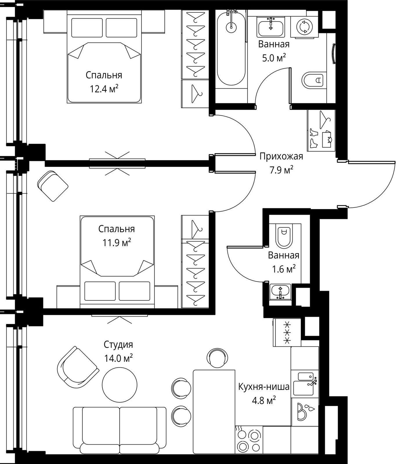 2-комнатная квартира, 57,6 м²